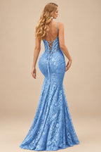 Rutipo Sky Blue Mermaid V Neck Sheer-Corset Long Glitter-Print Prom Dress