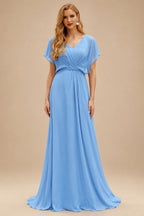 Rutipo Sky Blue Mermaid V Neck Sheer-Corset Long Glitter-Print Prom Dress