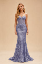 Rutipo Stormy Mermaid V Neck Sheer-Corset Long Glitter-Print Prom Dress
