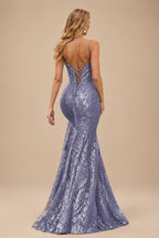 Rutipo Stormy Mermaid V Neck Sheer-Corset Long Glitter-Print Prom Dress