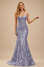 Rutipo Stormy Mermaid V Neck Sheer-Corset Long Glitter-Print Prom Dress