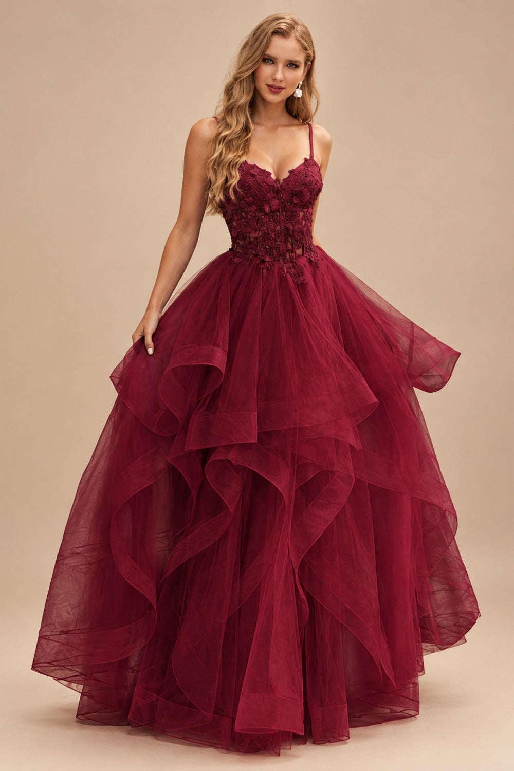 Rutipo Burgundy A-line V Neck Sheer Lace Corset Ruffle Prom Dress