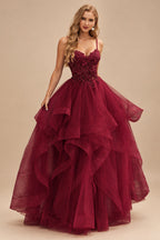 Rutipo Burgundy A-line V Neck Sheer Lace Corset Ruffle Prom Dress