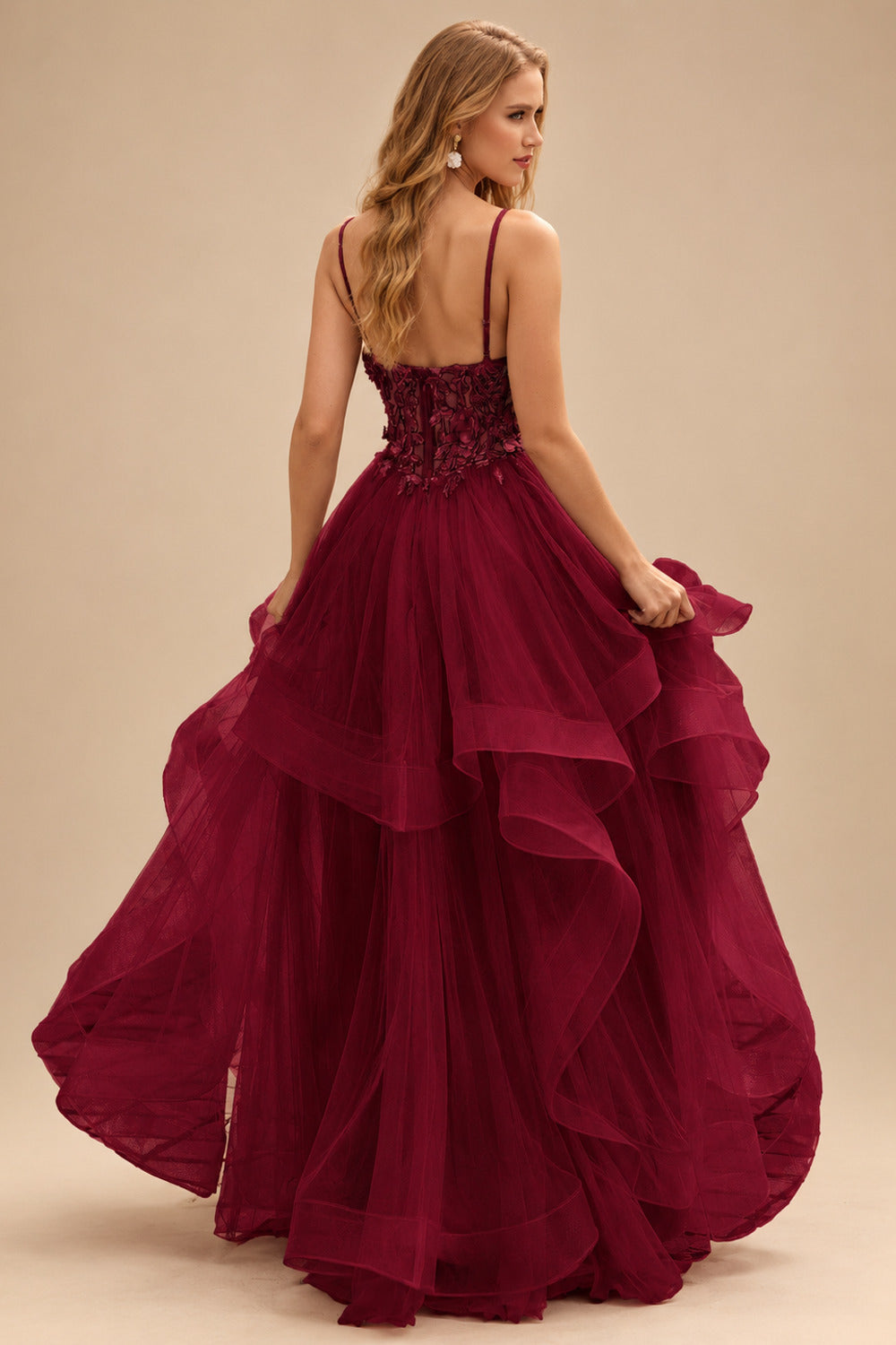 Rutipo Burgundy A-line V Neck Sheer Lace Corset Ruffle Prom Dress