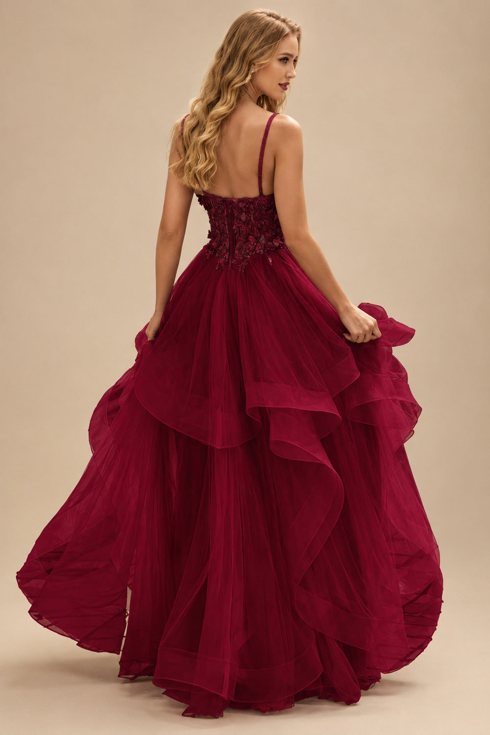 Rutipo Burgundy A-line V Neck Sheer Lace Corset Ruffle Prom Dress