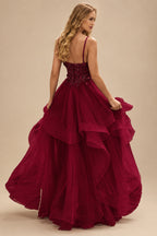 Rutipo Burgundy A-line V Neck Sheer Lace Corset Ruffle Prom Dress