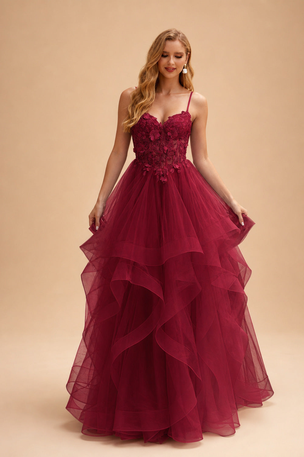 Rutipo Burgundy A-line V Neck Sheer Lace Corset Ruffle Prom Dress