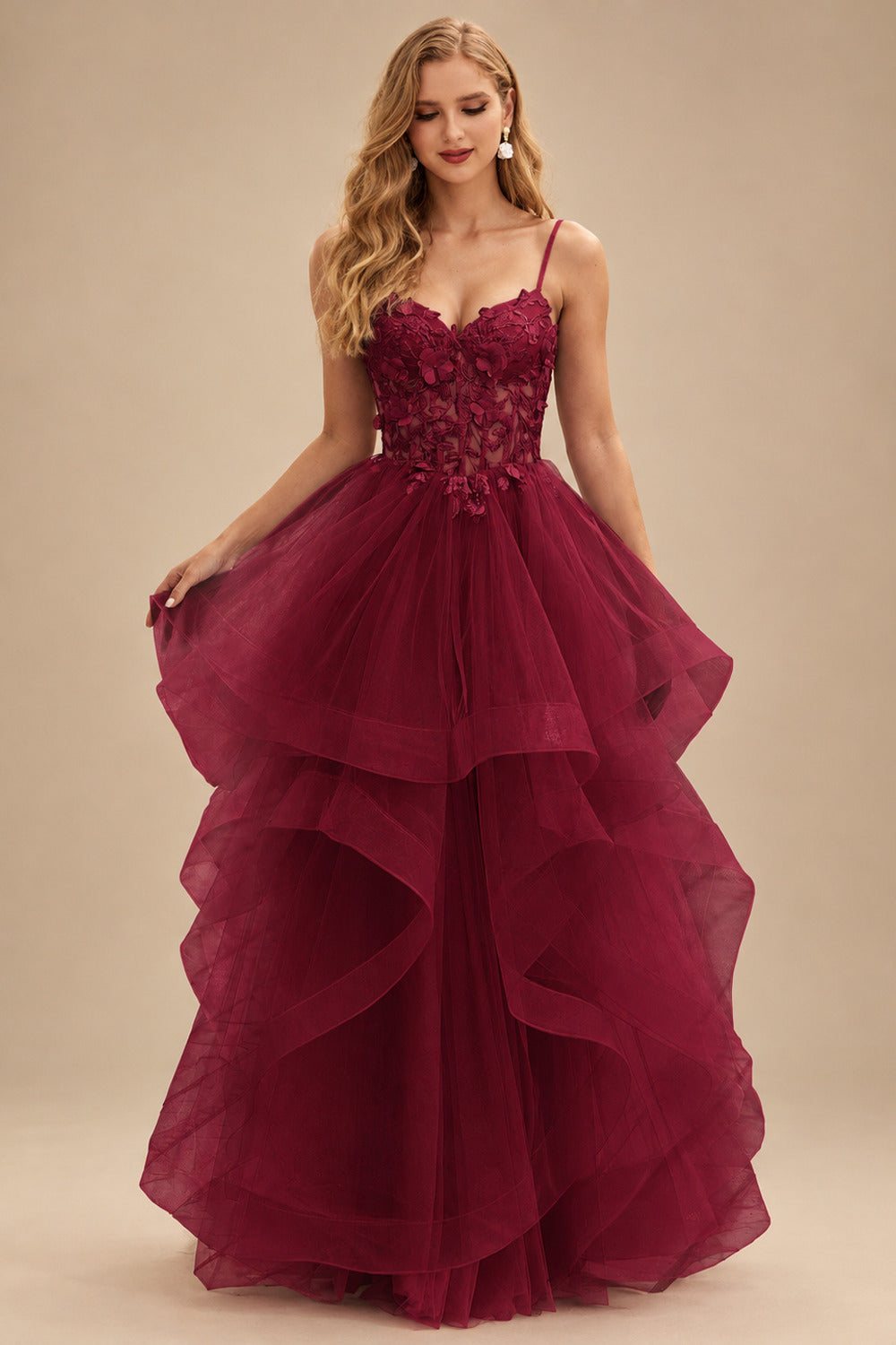 Rutipo Burgundy A-line V Neck Sheer Lace Corset Ruffle Prom Dress
