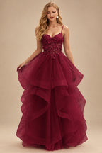 Rutipo Burgundy A-line V Neck Sheer Lace Corset Ruffle Prom Dress