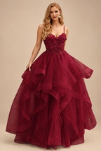 Rutipo Burgundy A-line V Neck Sheer Lace Corset Ruffle Prom Dress