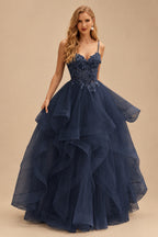 Rutipo Dark Navy A-line V Neck Sheer Lace Corset Ruffle Prom Dress