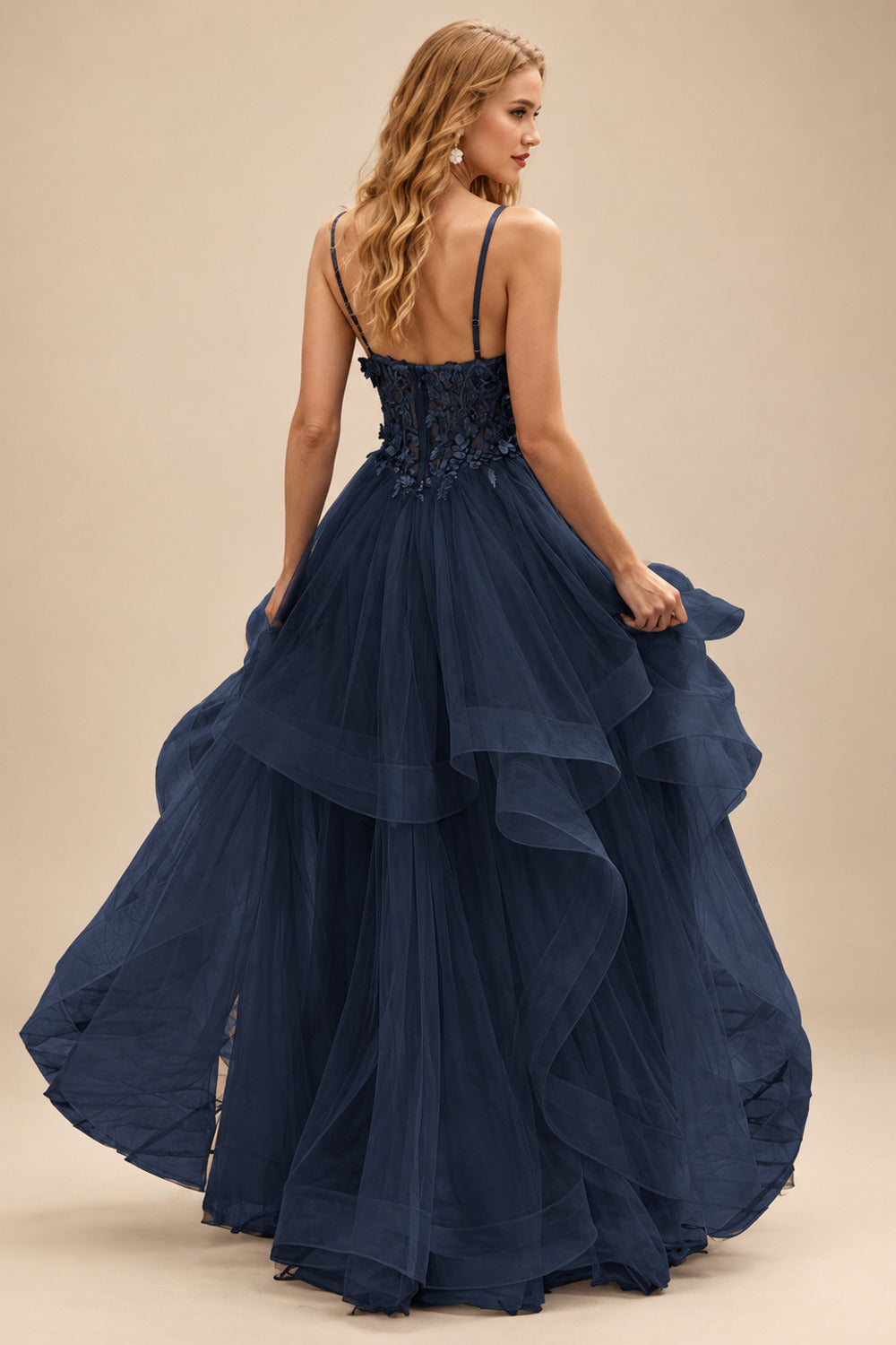 Rutipo Dark Navy A-line V Neck Sheer Lace Corset Ruffle Prom Dress