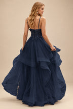 Rutipo Dark Navy A-line V Neck Sheer Lace Corset Ruffle Prom Dress