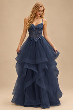 Rutipo Dark Navy A-line V Neck Sheer Lace Corset Ruffle Prom Dress