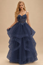 Rutipo Dark Navy A-line V Neck Sheer Lace Corset Ruffle Prom Dress