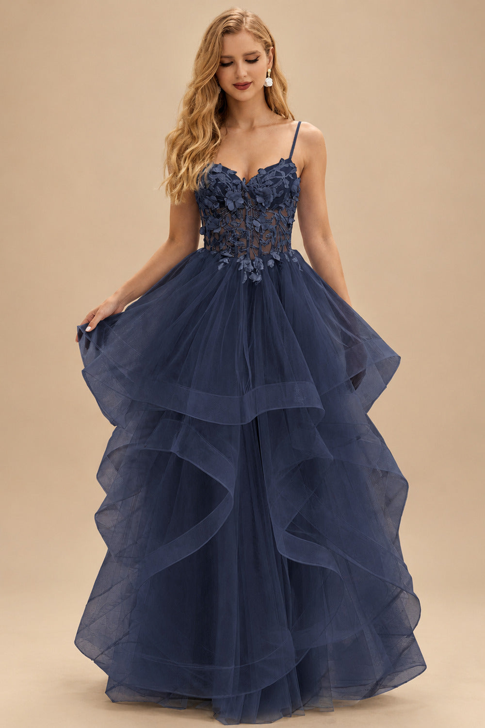 Rutipo Dark Navy A-line V Neck Sheer Lace Corset Ruffle Prom Dress