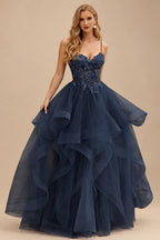 Rutipo Dark Navy A-line V Neck Sheer Lace Corset Ruffle Prom Dress