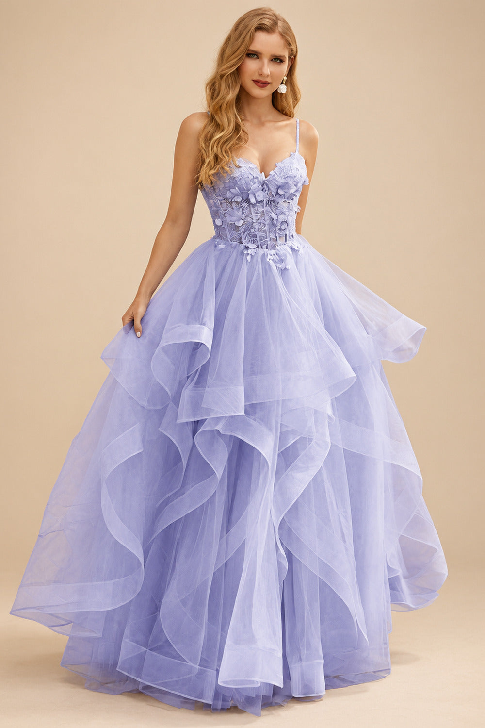 Rutipo Lavender A-line V Neck Sheer Lace Corset Ruffle Prom Dress