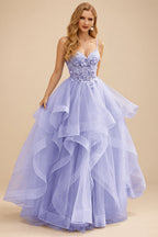 Rutipo Lavender A-line V Neck Sheer Lace Corset Ruffle Prom Dress