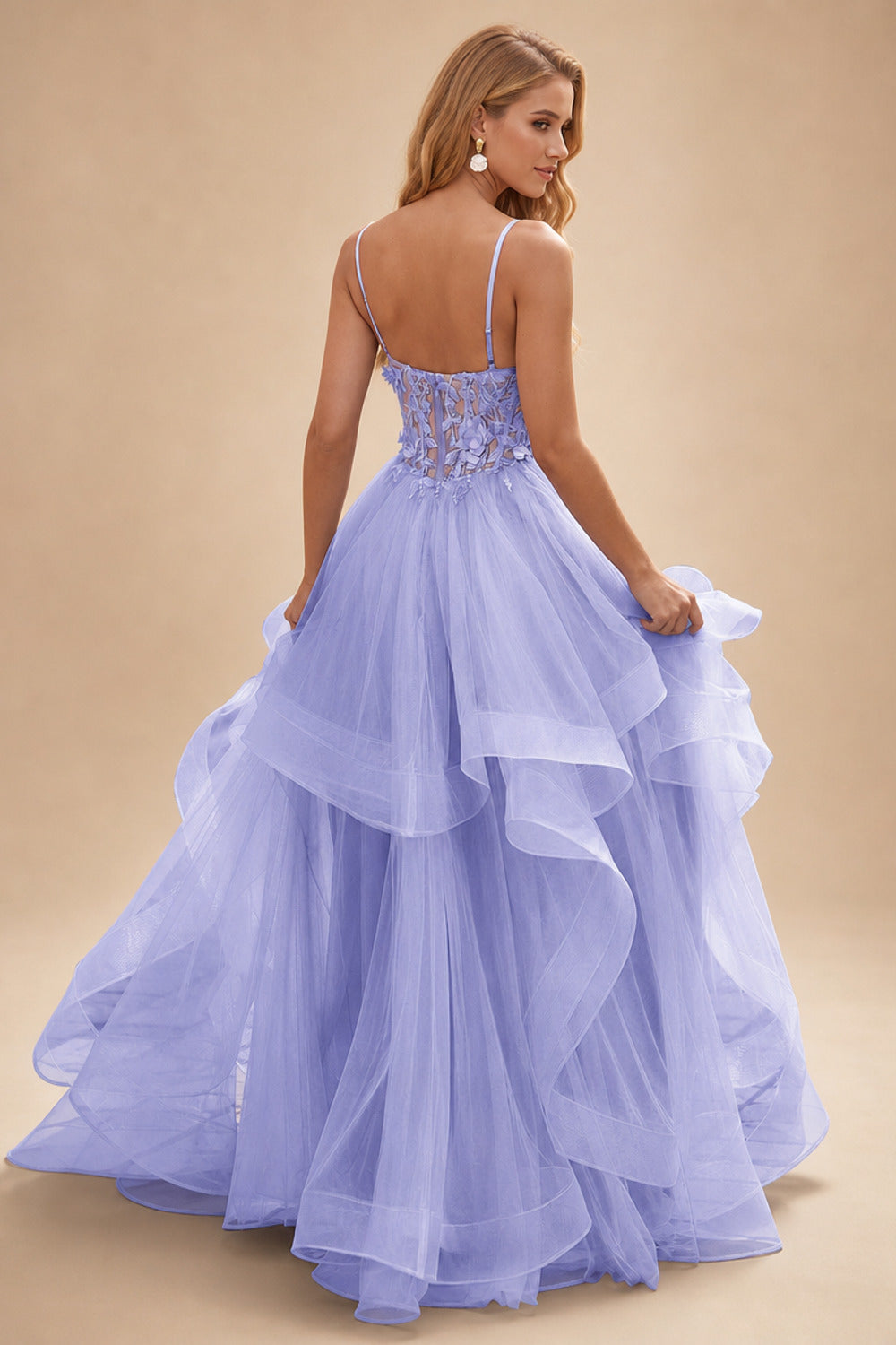 Rutipo Lavender A-line V Neck Sheer Lace Corset Ruffle Prom Dress