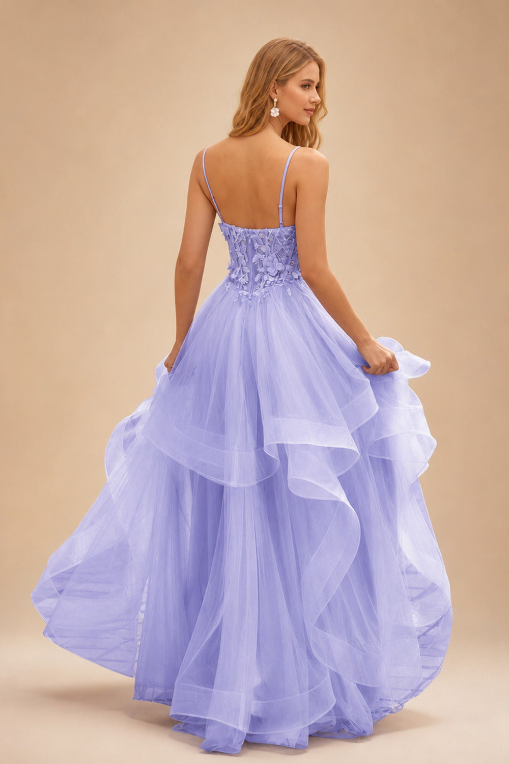 Rutipo Lavender A-line V Neck Sheer Lace Corset Ruffle Prom Dress