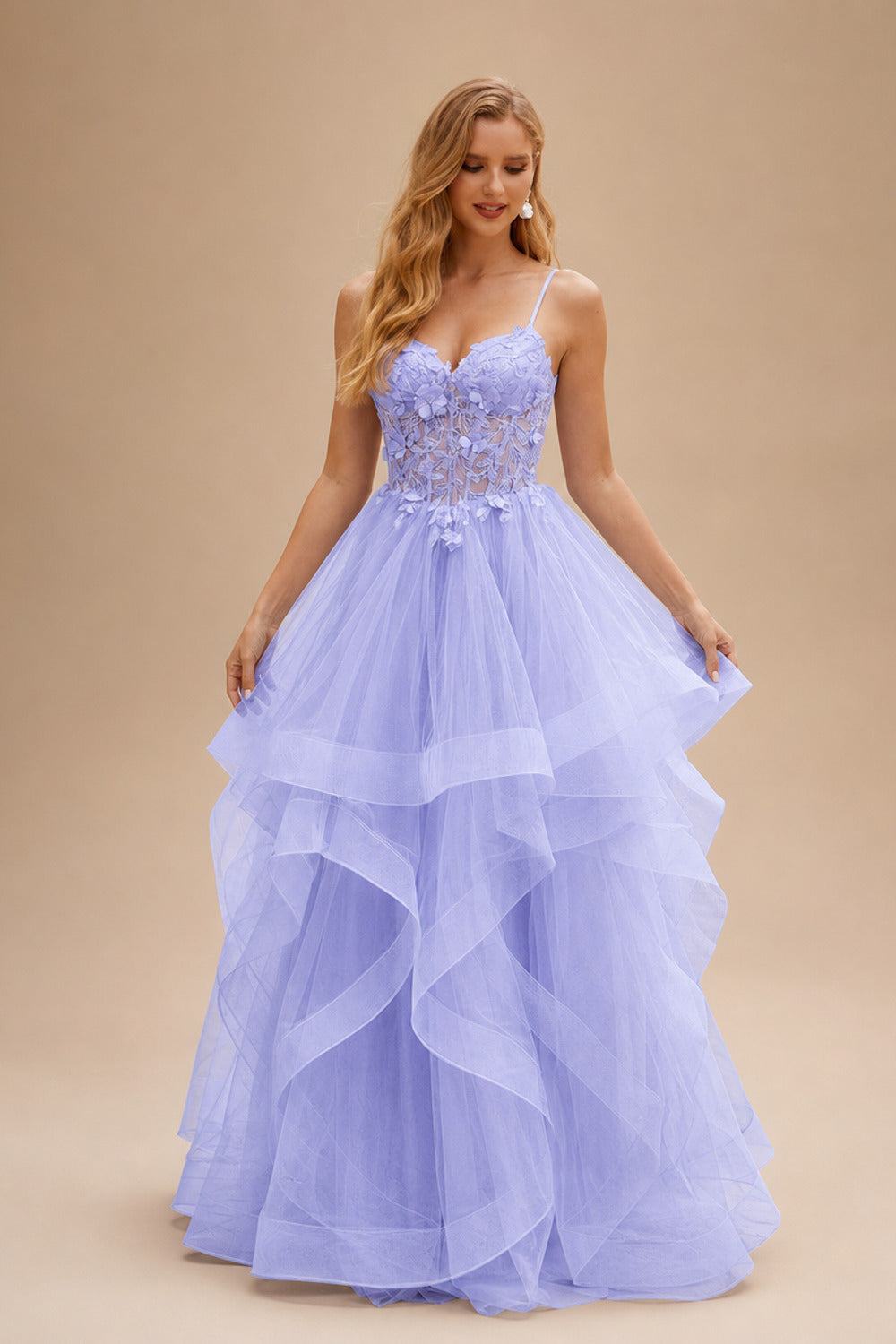 Rutipo Lavender A-line V Neck Sheer Lace Corset Ruffle Prom Dress