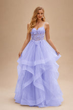 Rutipo Lavender A-line V Neck Sheer Lace Corset Ruffle Prom Dress