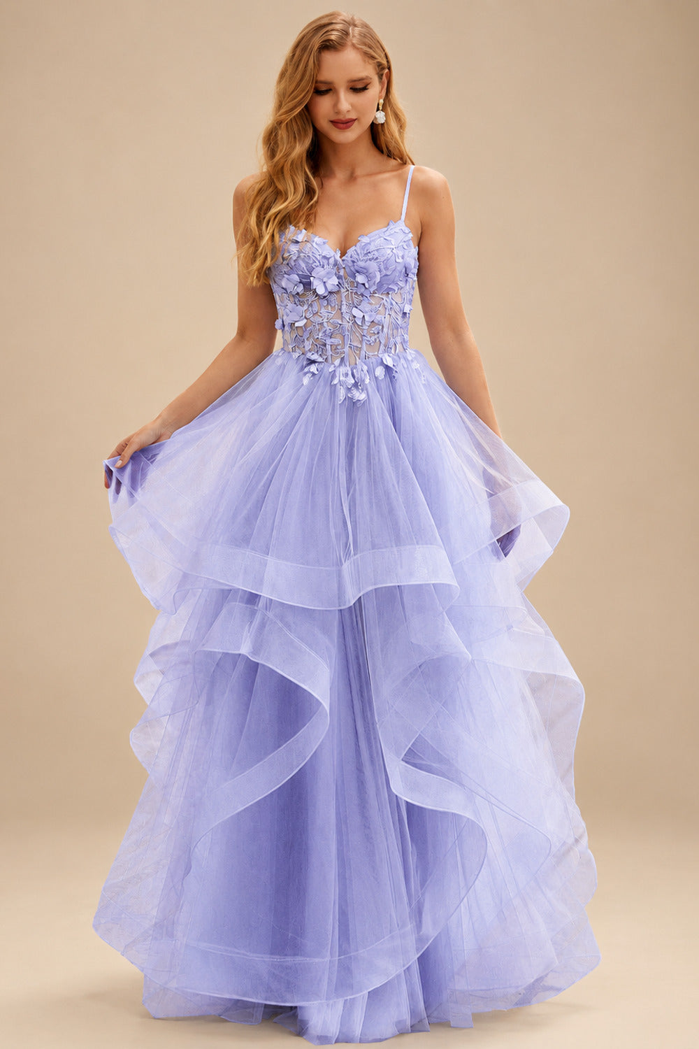 Rutipo Lavender A-line V Neck Sheer Lace Corset Ruffle Prom Dress