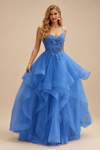 Rutipo Ocean Blue A-line V Neck Sheer Lace Corset Ruffle Prom Dress