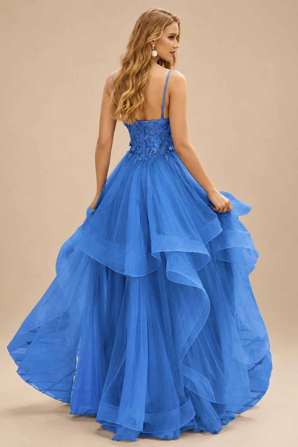 Rutipo Ocean Blue A-line V Neck Sheer Lace Corset Ruffle Prom Dress