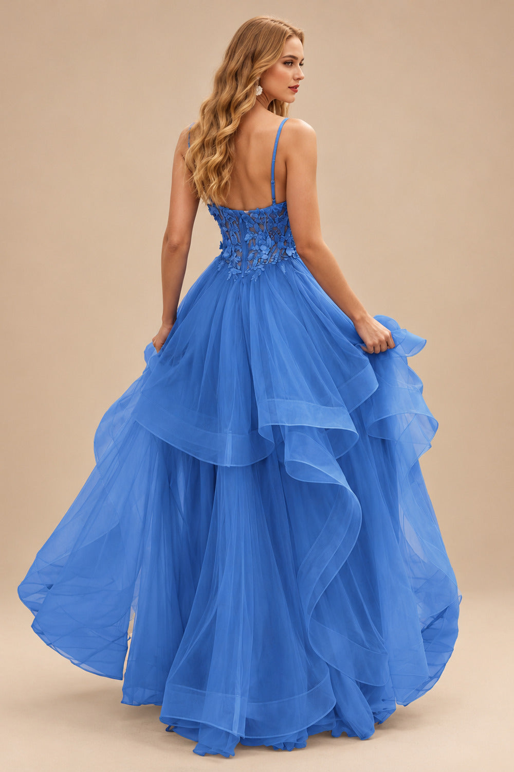 Rutipo Ocean Blue A-line V Neck Sheer Lace Corset Ruffle Prom Dress