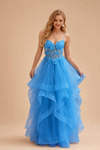 Rutipo Ocean Blue A-line V Neck Sheer Lace Corset Ruffle Prom Dress