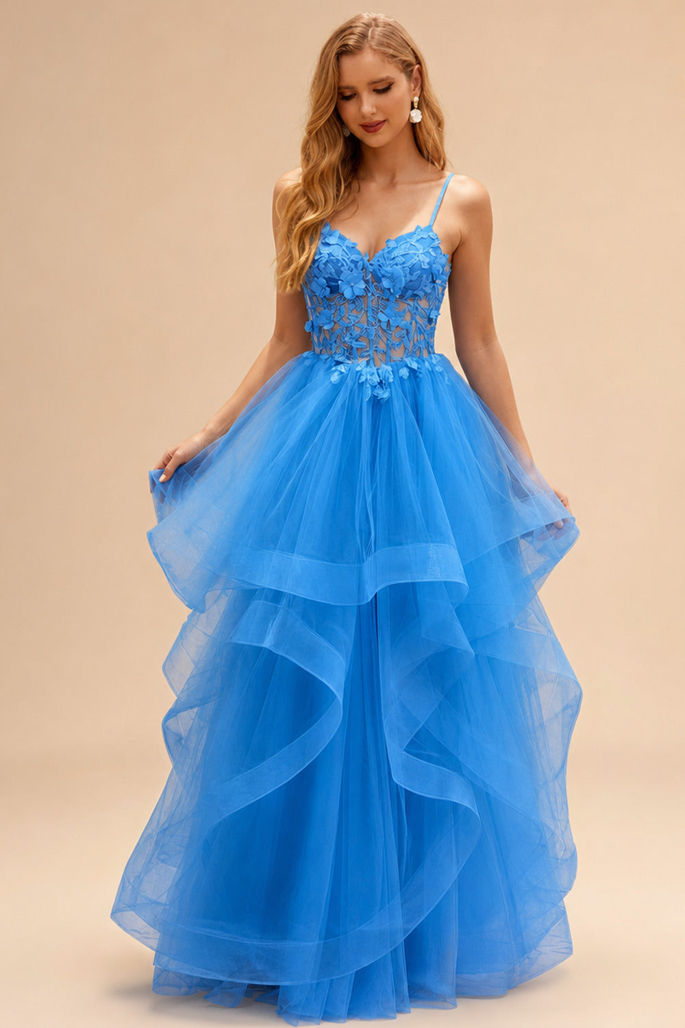 Rutipo Ocean Blue A-line V Neck Sheer Lace Corset Ruffle Prom Dress