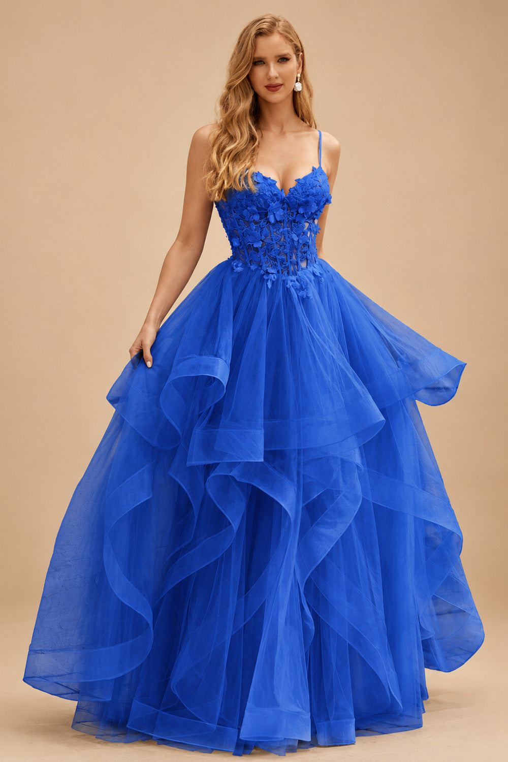 Rutipo Ocean Blue A-line V Neck Sheer Lace Corset Ruffle Prom Dress