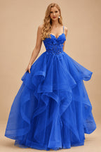 Rutipo Ocean Blue A-line V Neck Sheer Lace Corset Ruffle Prom Dress
