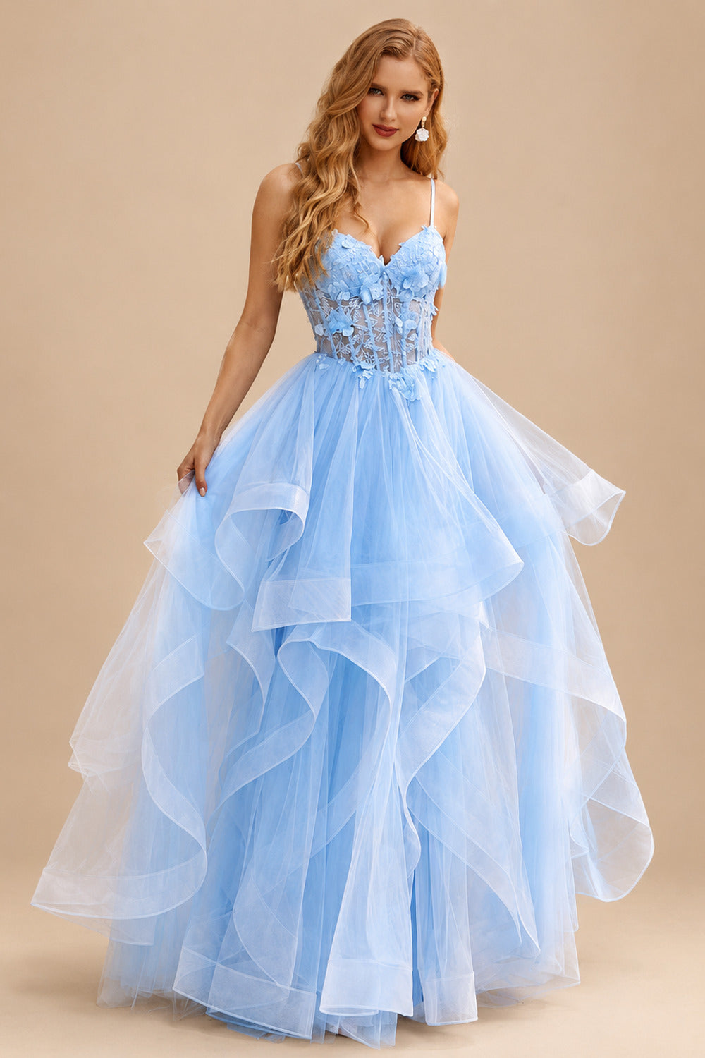 Rutipo Sky Blue A-line V Neck Sheer Lace Corset Ruffle Prom Dress