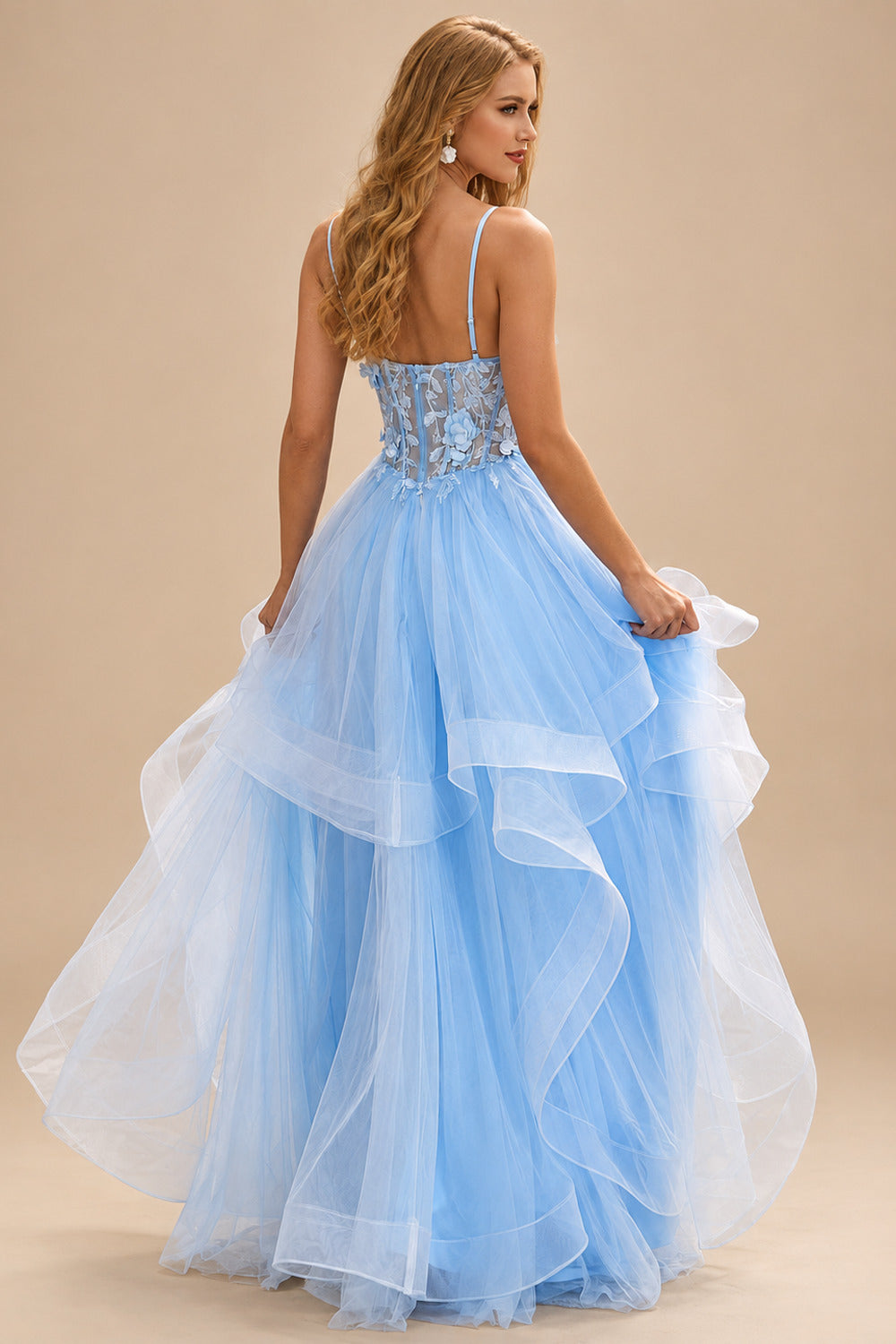 Rutipo Sky Blue A-line V Neck Sheer Lace Corset Ruffle Prom Dress