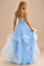 Rutipo Sky Blue A-line V Neck Sheer Lace Corset Ruffle Prom Dress