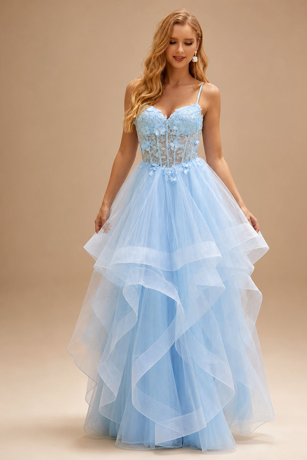Rutipo Sky Blue A-line V Neck Sheer Lace Corset Ruffle Prom Dress
