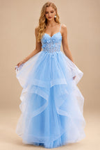 Rutipo Sky Blue A-line V Neck Sheer Lace Corset Ruffle Prom Dress