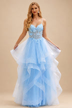 Rutipo Sky Blue A-line V Neck Sheer Lace Corset Ruffle Prom Dress