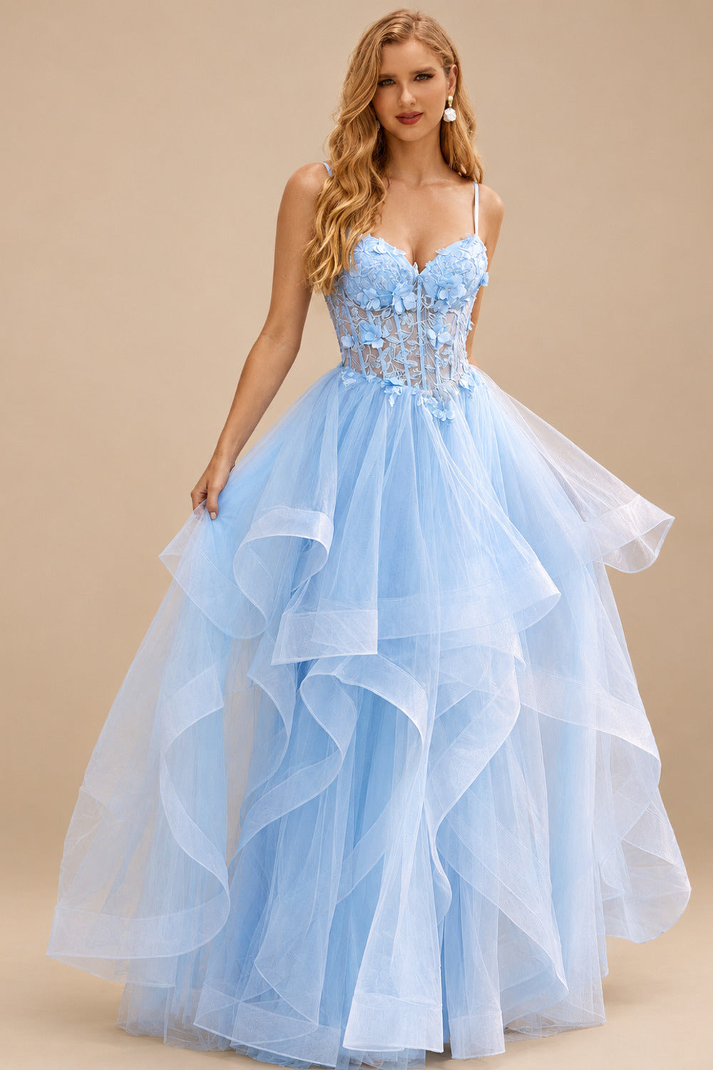 Rutipo Sky Blue A-line V Neck Sheer Lace Corset Ruffle Prom Dress