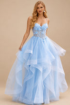 Rutipo Sky Blue A-line V Neck Sheer Lace Corset Ruffle Prom Dress