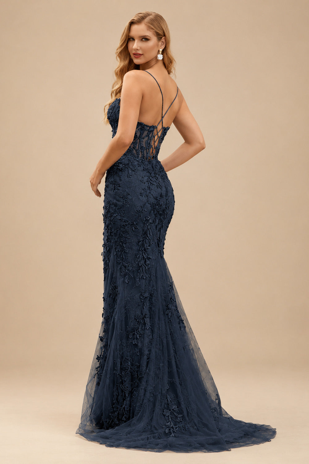 Rutipo Dark Navy Mermaid Fitted V Neck Beading Leaf Lace Corset Sweep Train Slit Prom Dress