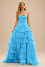 Rutipo Blue A-line Cowl Neck Chiffon Satin Layered Ruffle Prom Dress with Applique Slit
