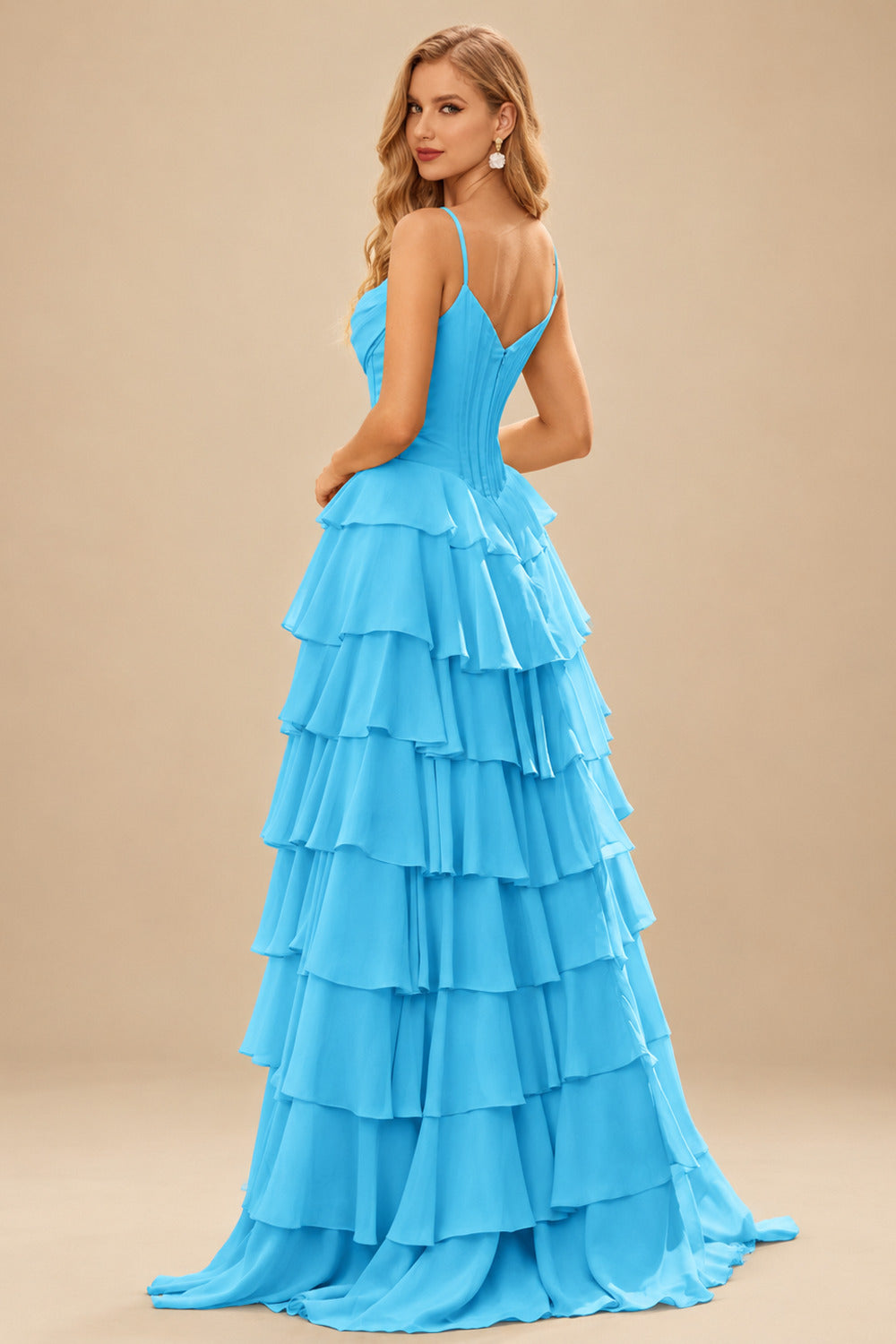 Rutipo Blue A-line Cowl Neck Chiffon Satin Layered Ruffle Prom Dress with Applique Slit