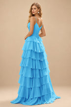 Rutipo Blue A-line Cowl Neck Chiffon Satin Layered Ruffle Prom Dress with Applique Slit