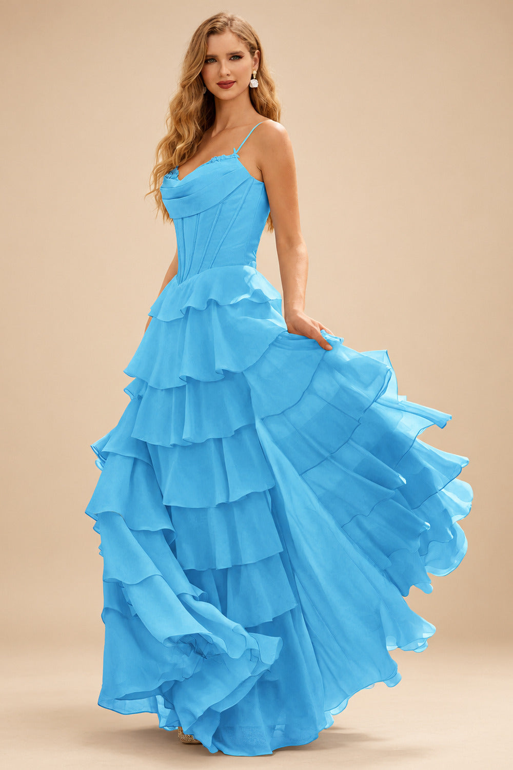 Rutipo Blue A-line Cowl Neck Chiffon Satin Layered Ruffle Prom Dress with Applique Slit