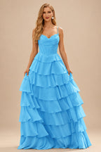 Rutipo Blue A-line Cowl Neck Chiffon Satin Layered Ruffle Prom Dress with Applique Slit