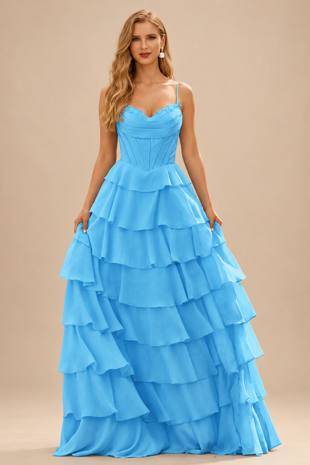Rutipo Blue A-line Cowl Neck Chiffon Satin Layered Ruffle Prom Dress with Applique Slit